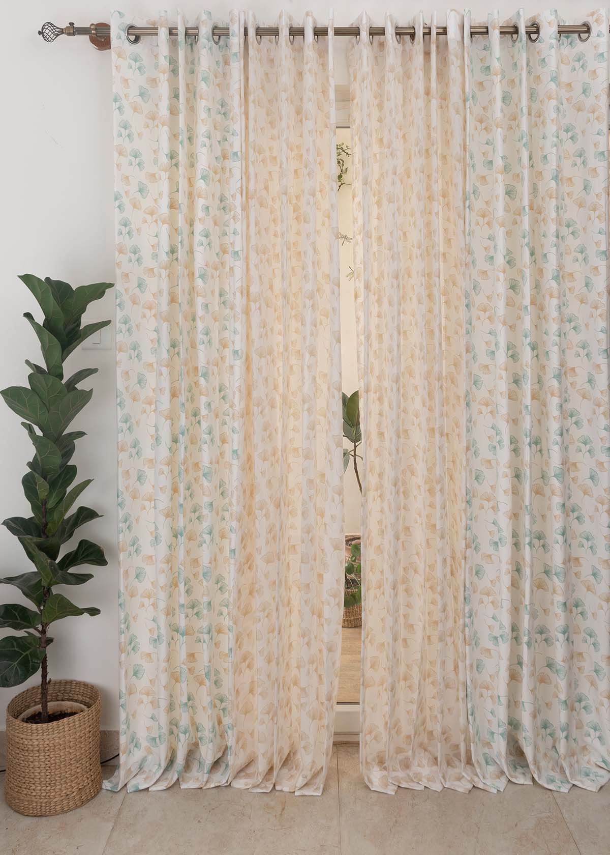 Gingko Cotton And Sheer Set Of 2 Combo Curtain - Nile Blue
