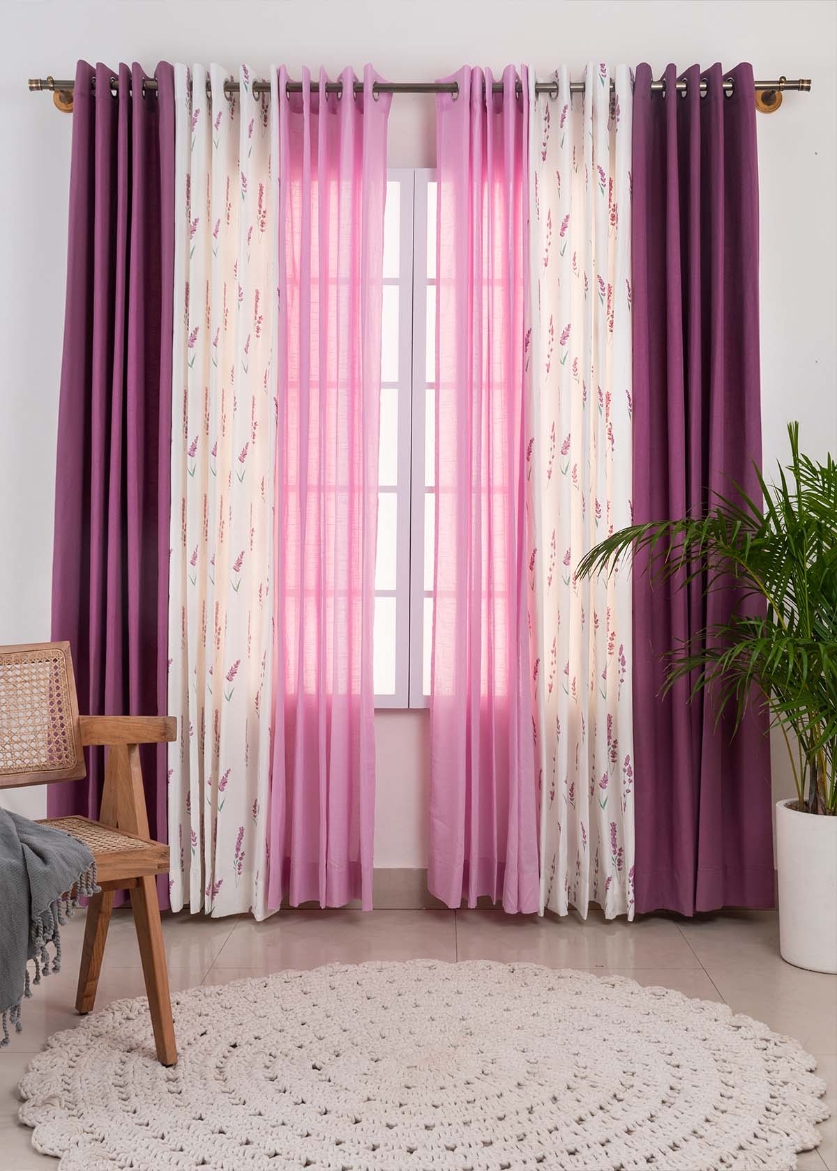 Grape Solid, Fields Of Lavender, Dusty Lavender Sheer Set of 6 Combo Cotton Curtain - Grape Lavender
