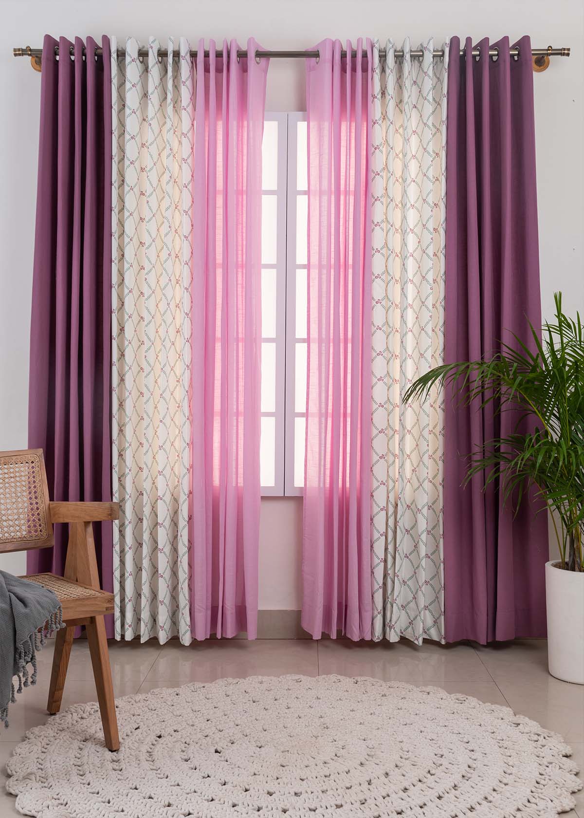 Grape Solid, Climbing Roses In Lavender, Dusty Lavender Sheer Set of 6 Combo Cotton Curtain - Grape Lavender