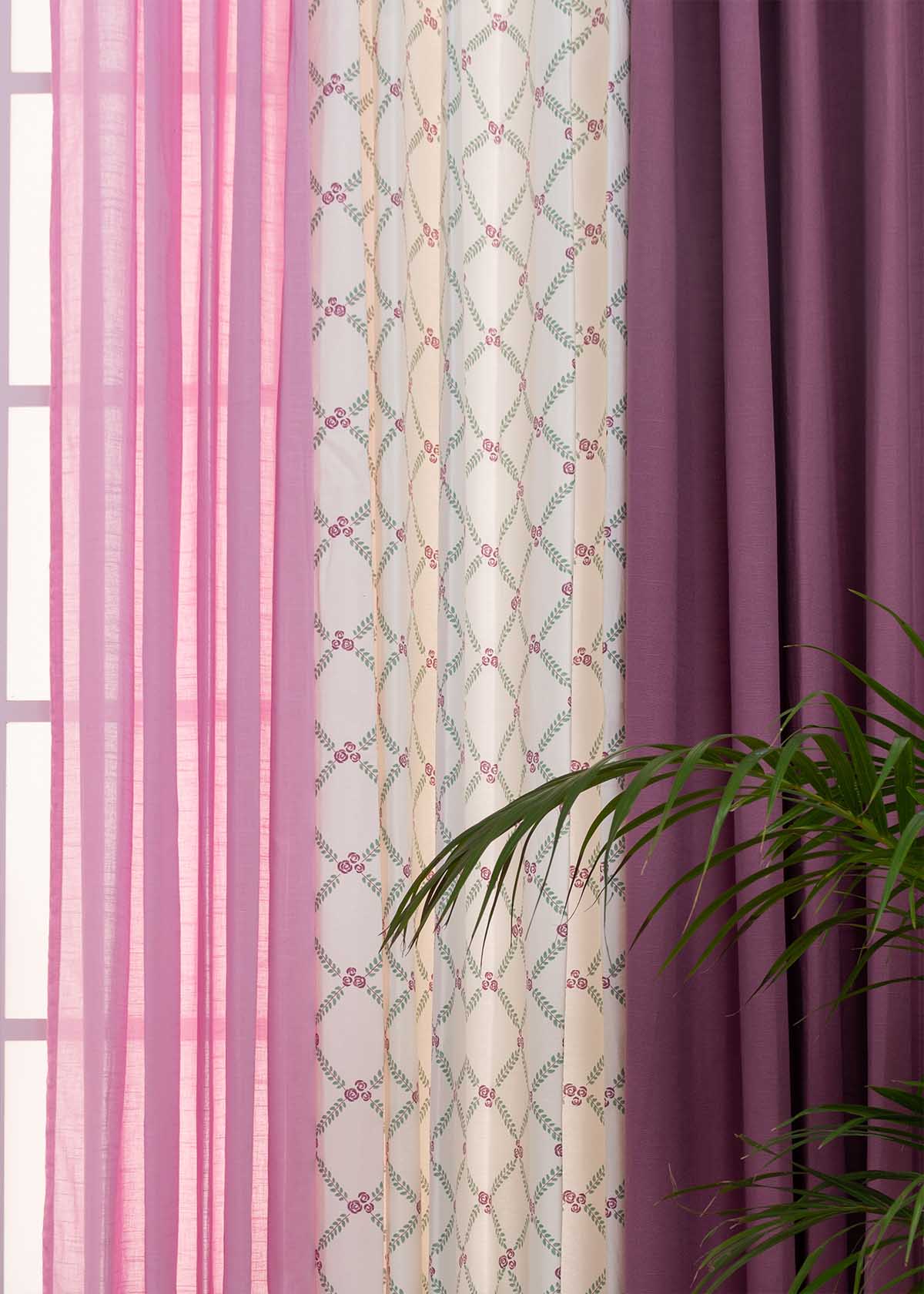 Grape Solid, Climbing Roses In Lavender, Dusty Lavender Sheer Set Of 3 Combo Cotton Curtain - Grape Lavender