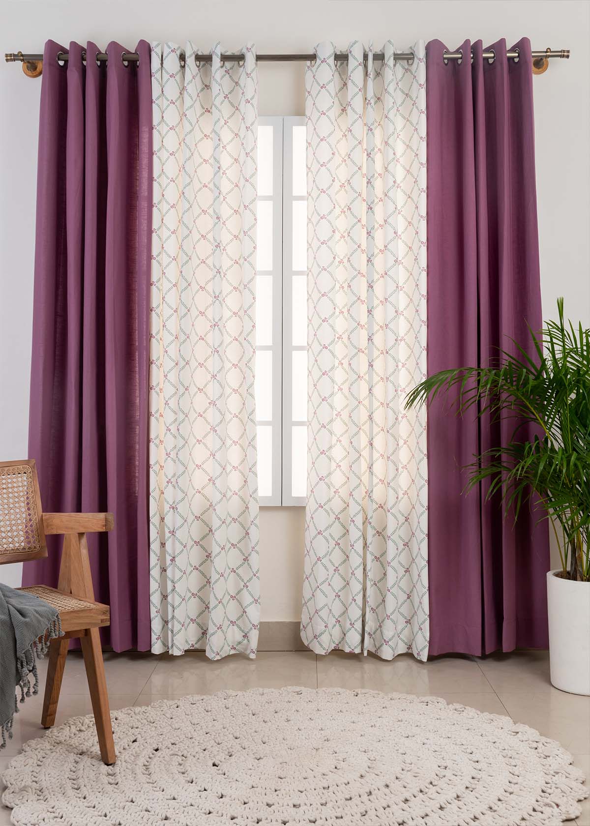 Grape Solid, Climbing Roses In Lavender Set Of 2 Combo Cotton Curtain - Grape Lavender