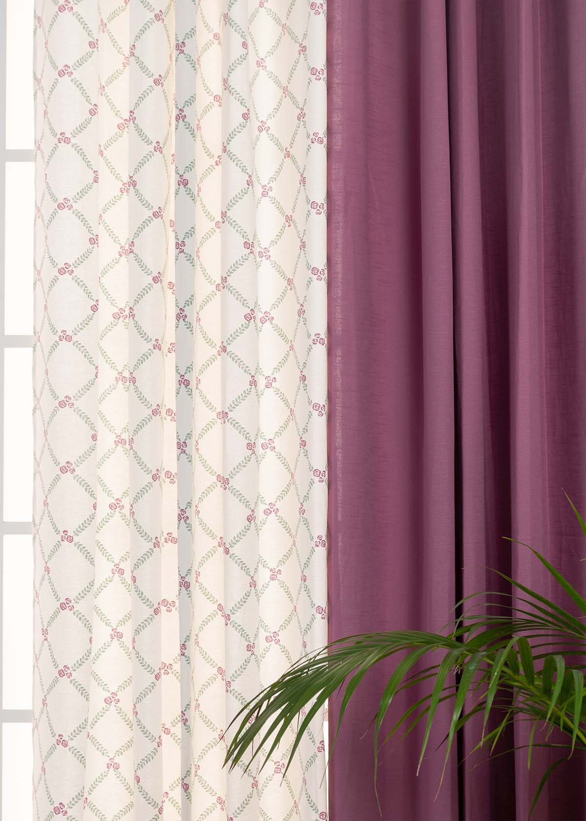 Grape Solid, Climbing Roses In Lavender Set of 4 Combo Cotton Curtain - Grape Lavender