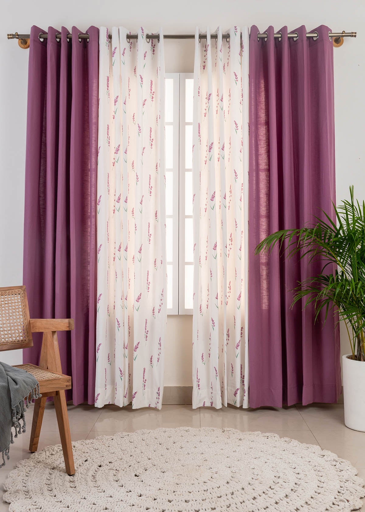 Grape Solid, Fields Of Lavender Set of 4 Combo Cotton Curtain - Lavender