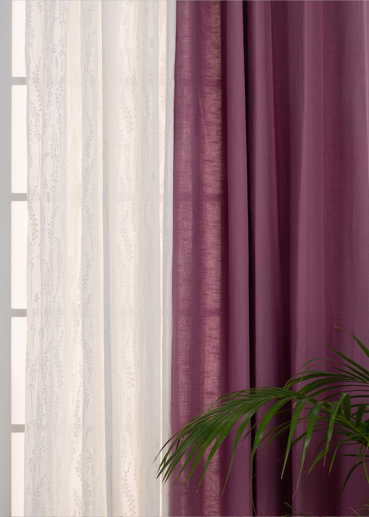 Grape Solid, Grass Fields In White Sheer Set Of 2 Combo Cotton Curtain - Grape White