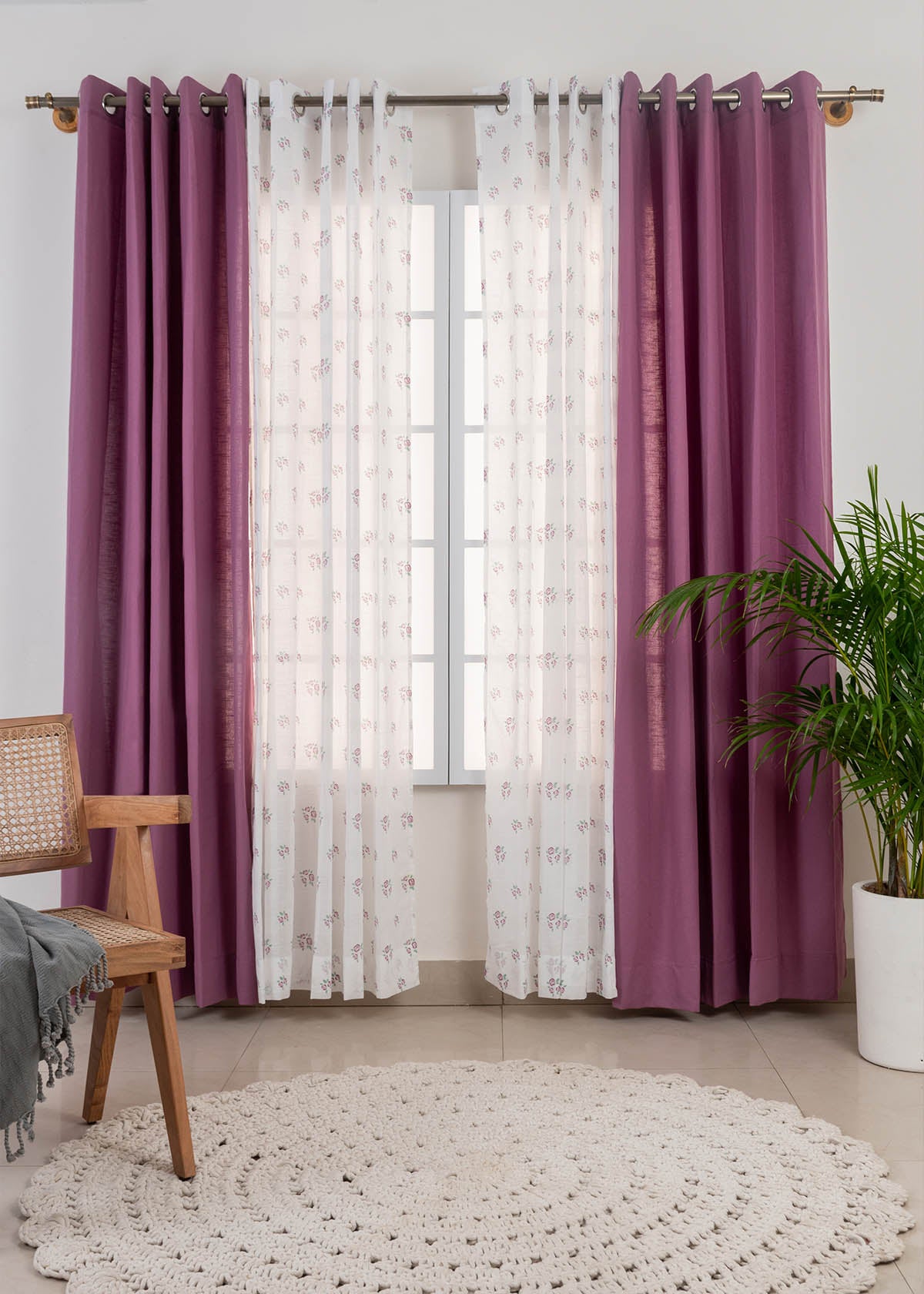 Grape Solid, Rose Garden Sheer Set of 4 Combo Cotton Curtain - Lavender