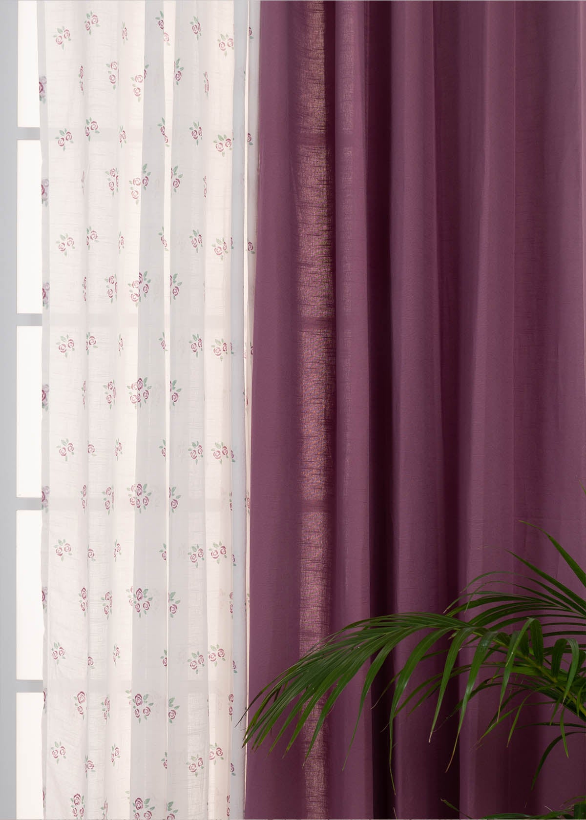 Grape Solid, Rose Garden Sheer Set Of 2 Combo Cotton Curtain - Lavender