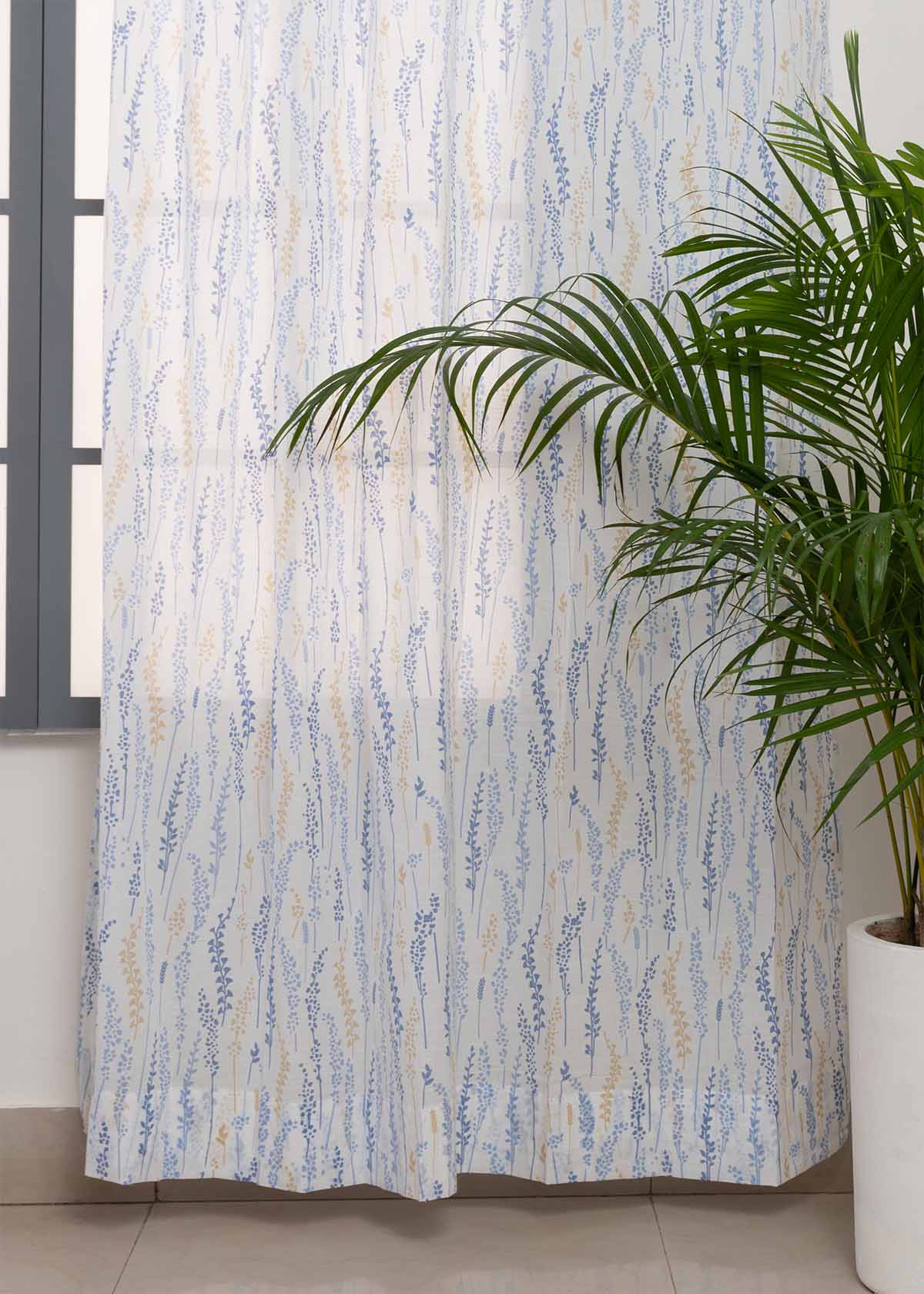 Grass fileds  100% Customizable Cotton sheer floral curtain for living room -  Light filtering - Blue