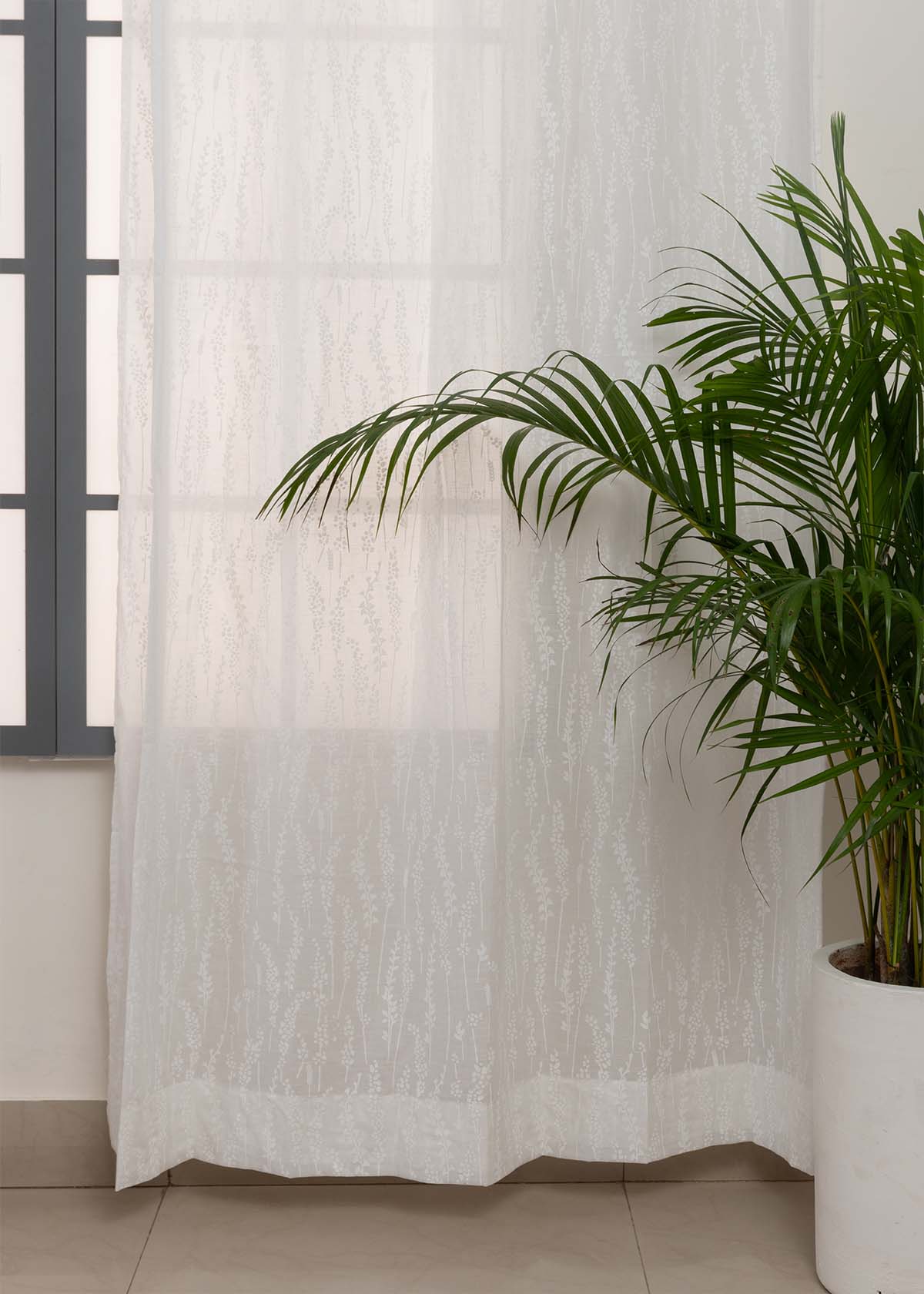 Grass fileds  100% cotton sheer floral curtain for living room -  Light filtering - White - Pack of 1