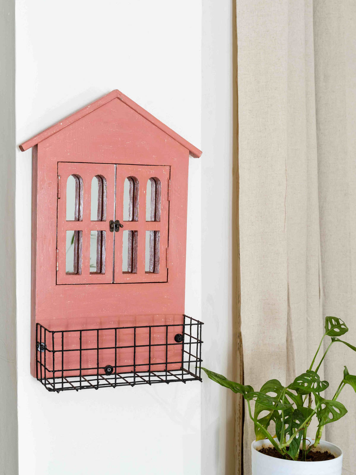 House Mirror Window Frame With Basket - Terracotta