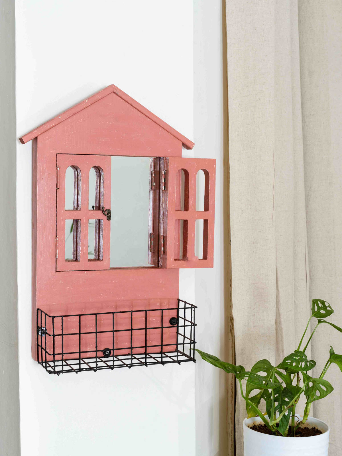 House Mirror Window Frame With Basket - Terracotta