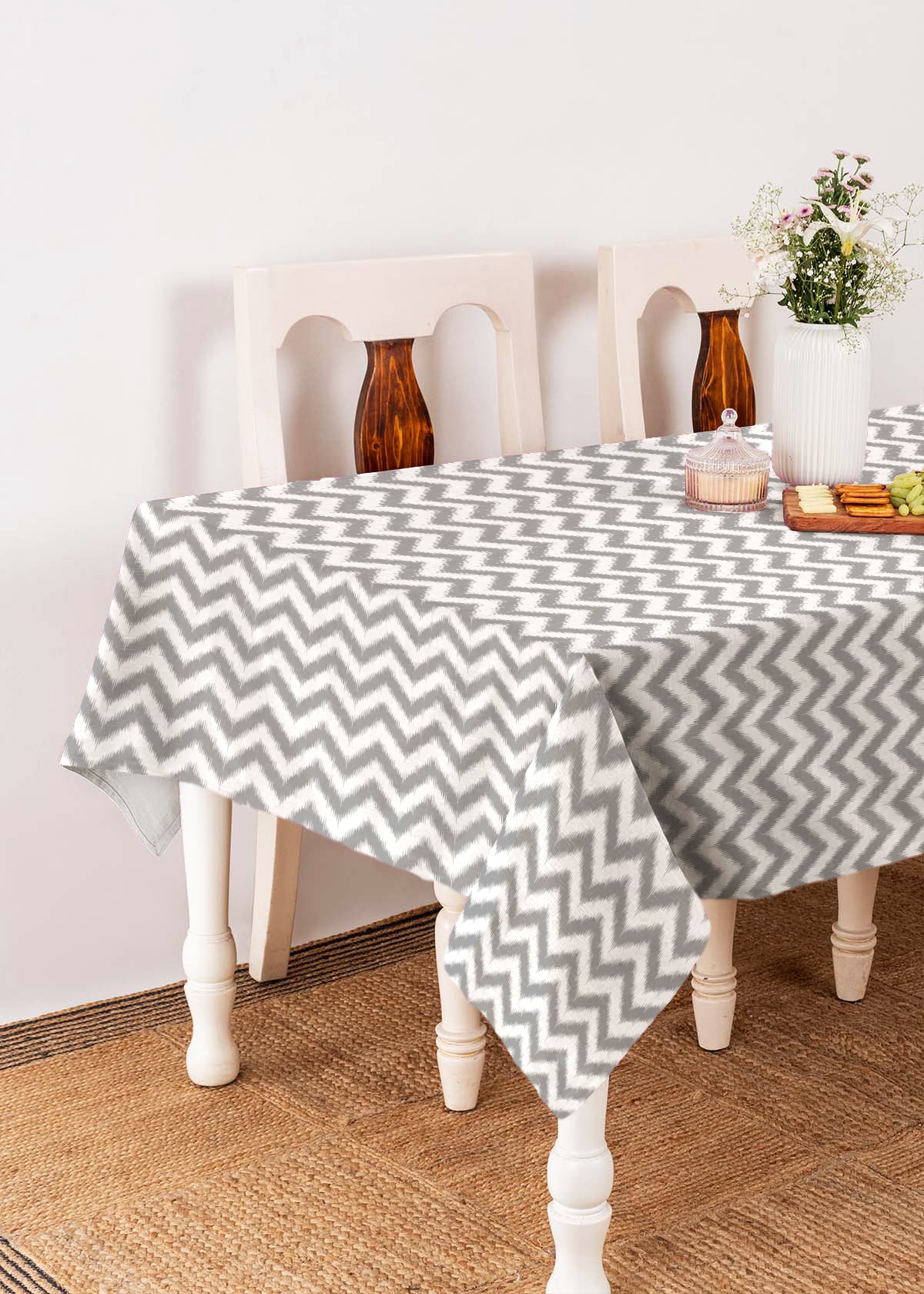 Ikat Chevron 100% cotton geometric table cloth for 4 seater or 6 seater dining - Grey