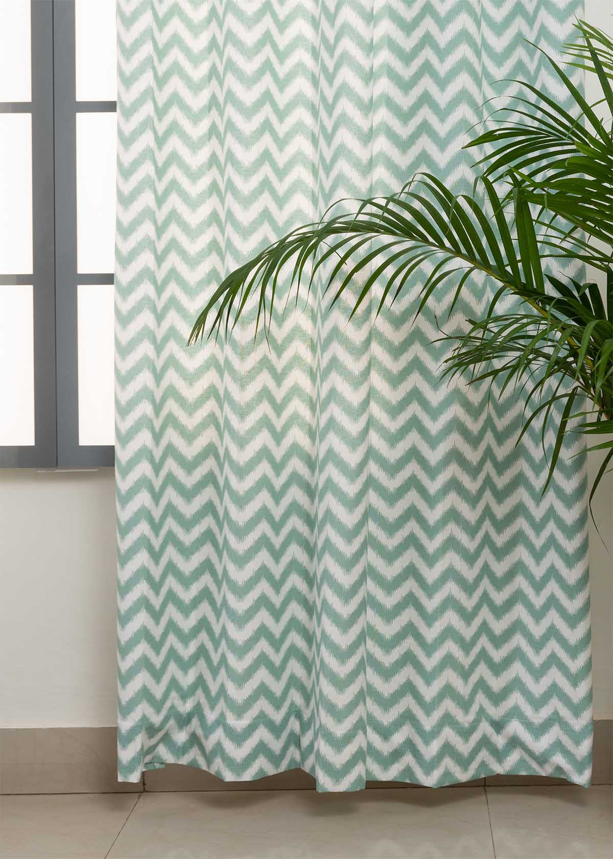 Ikat Chevron 100% Customizable Cotton geometric curtain for living room - Room darkening - Nile Blue