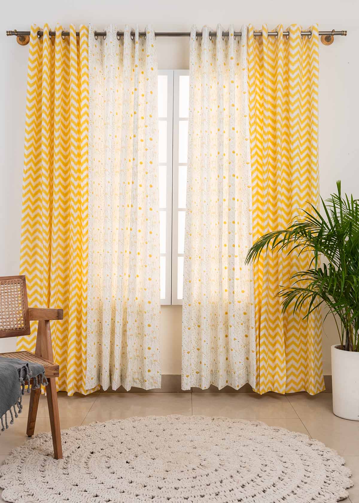 Ikat Chevron In Yellow, Drifting Dandelion In Yellow Set of 4 Combo Cotton Curtain - Yellow