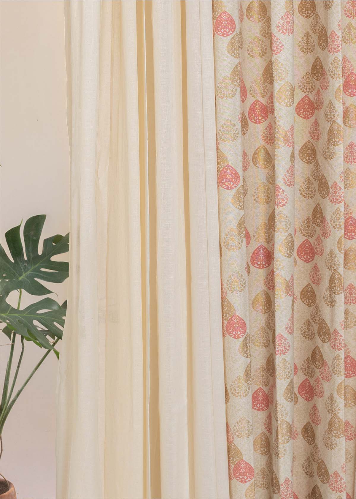 Indian Shimmer, Cream Solid Sheer Set of 4 Combo Cotton Curtain - Multicolor