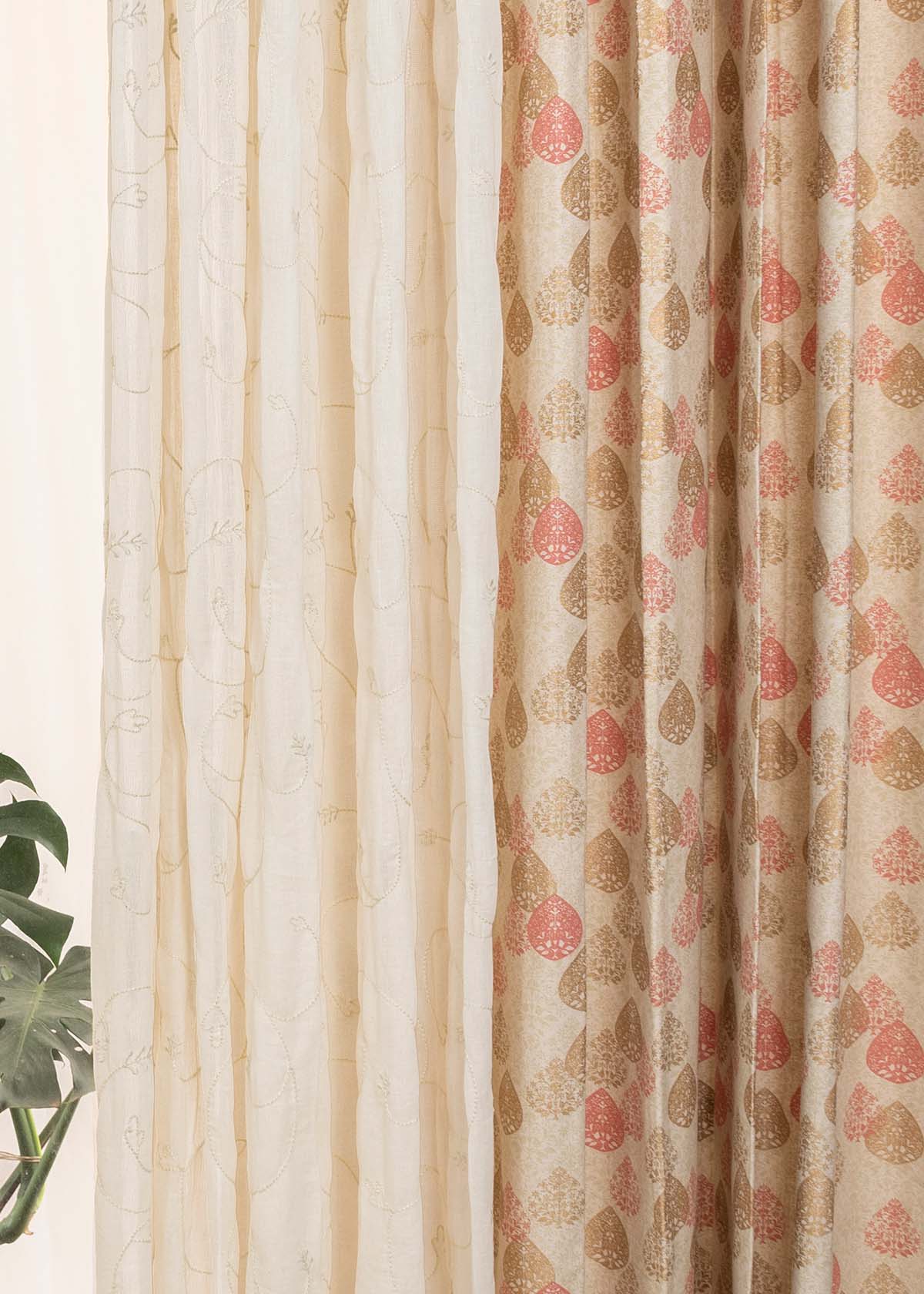 Indian Shimmer, Ivy Vines Cream Sheer Set of 4 Combo Cotton Curtain - Multicolor
