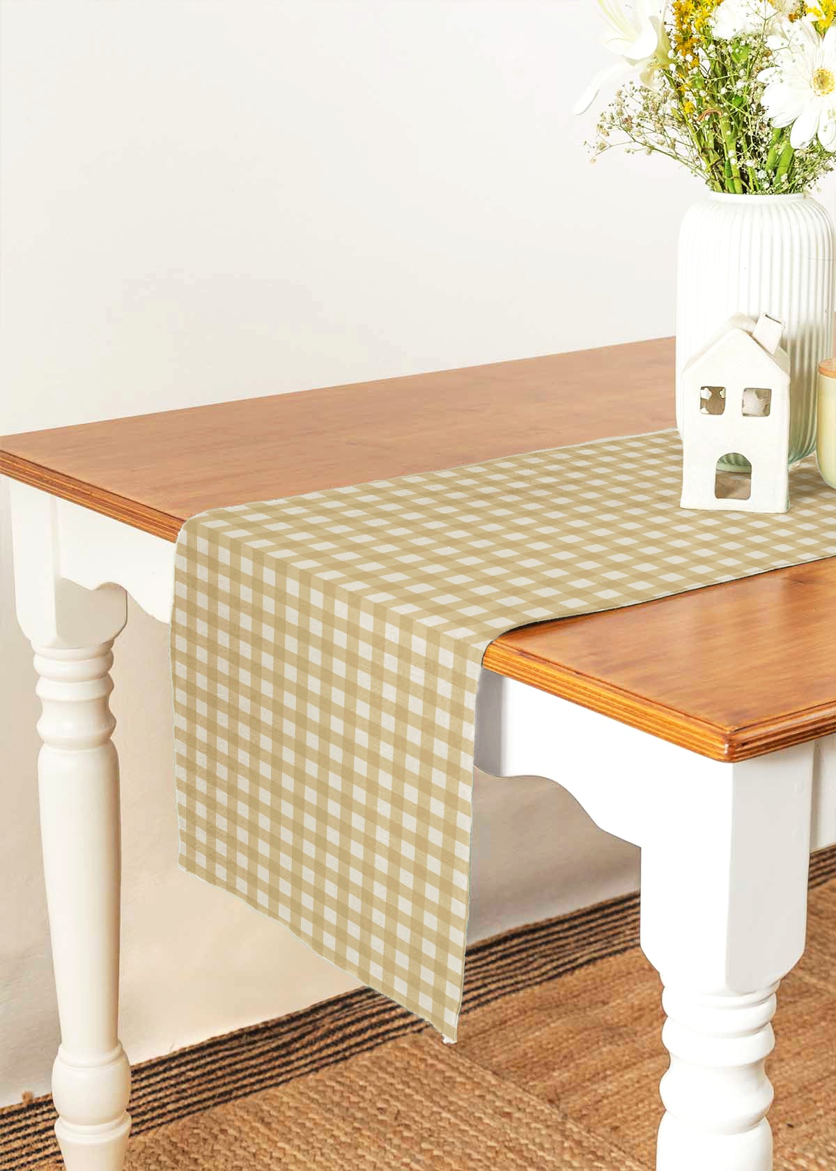 Gingham 100% cotton customisable geometric table Runner for dining - Ivory