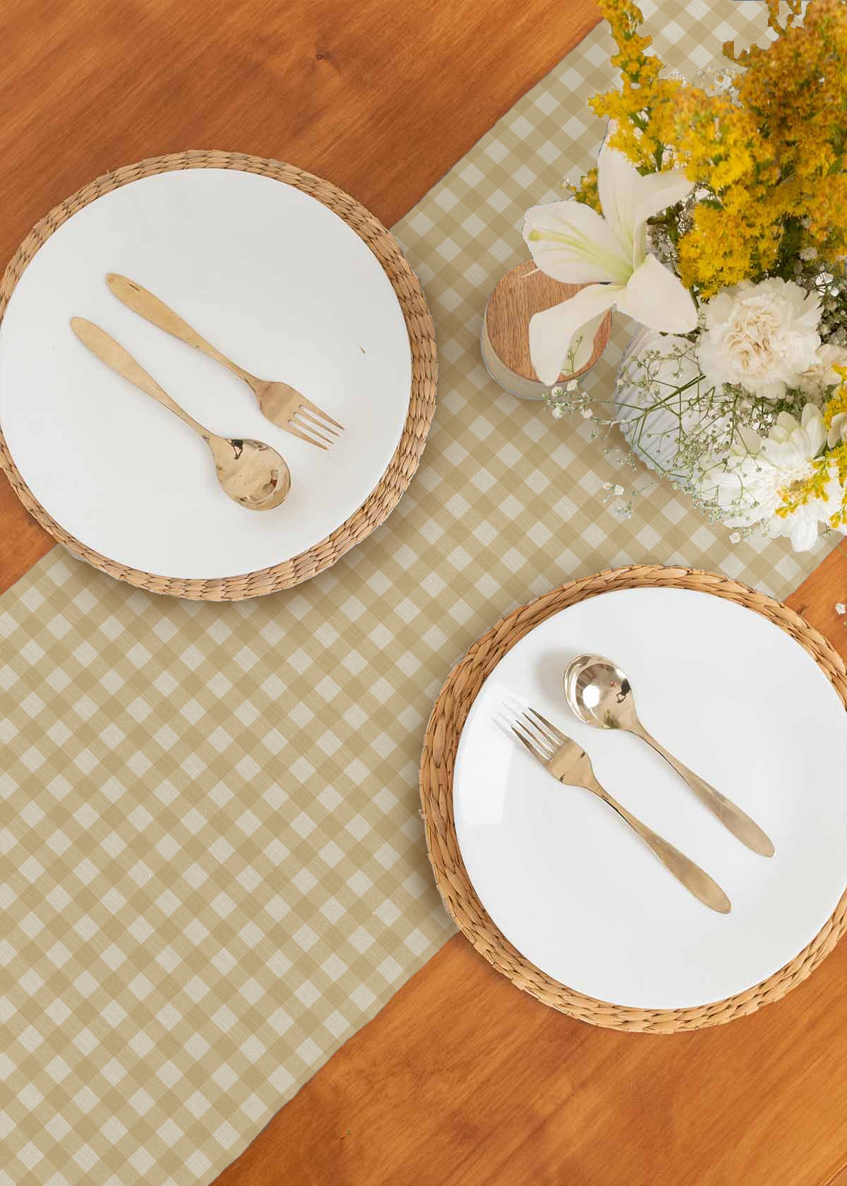 Gingham Printed Cotton Table Runner - Ivory
