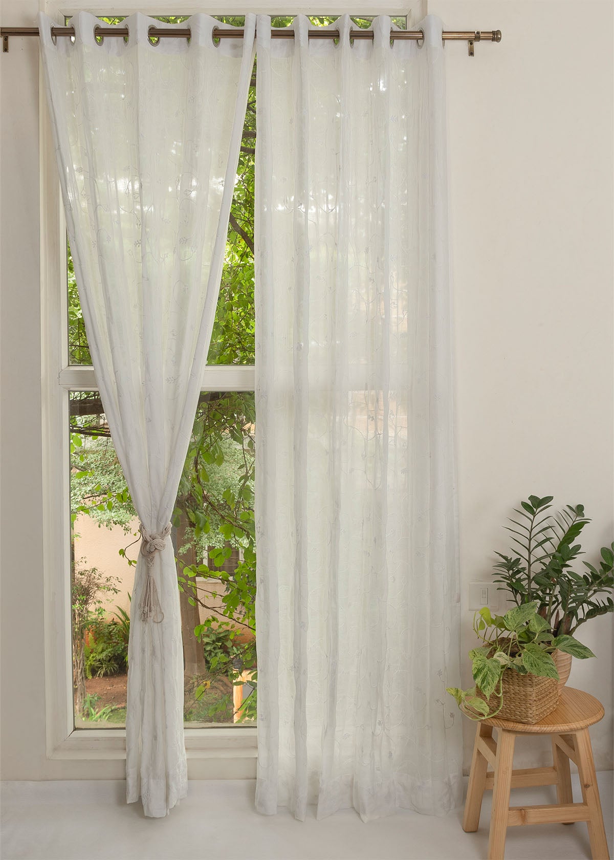 Ivy Vines Embroidered Sheer Curtain - White- Single