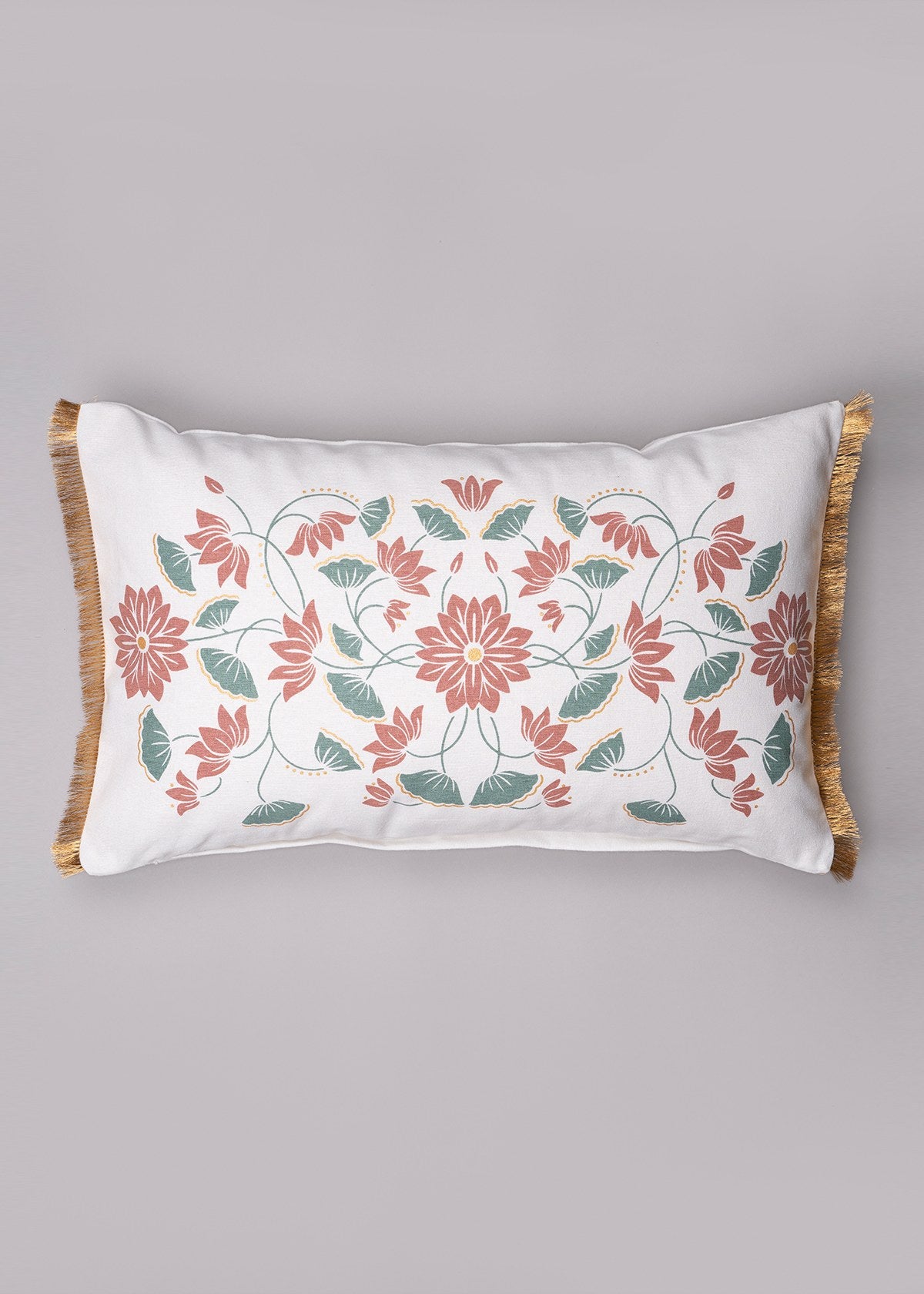 Lotus Blossom  100% cotton decorative cushion cover for sofa with gold fringe - Green