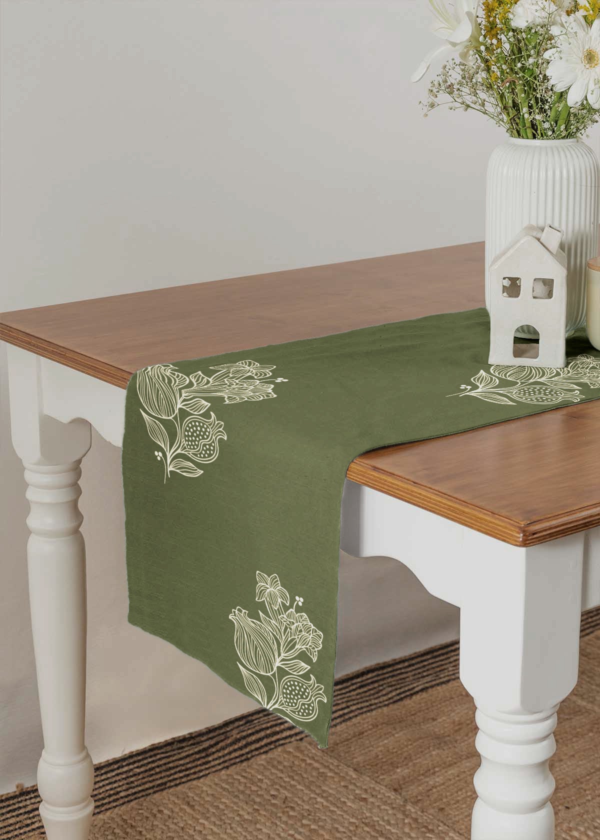 Malabar 100% cotton customisable floral table Runner for dining - Pepper Green