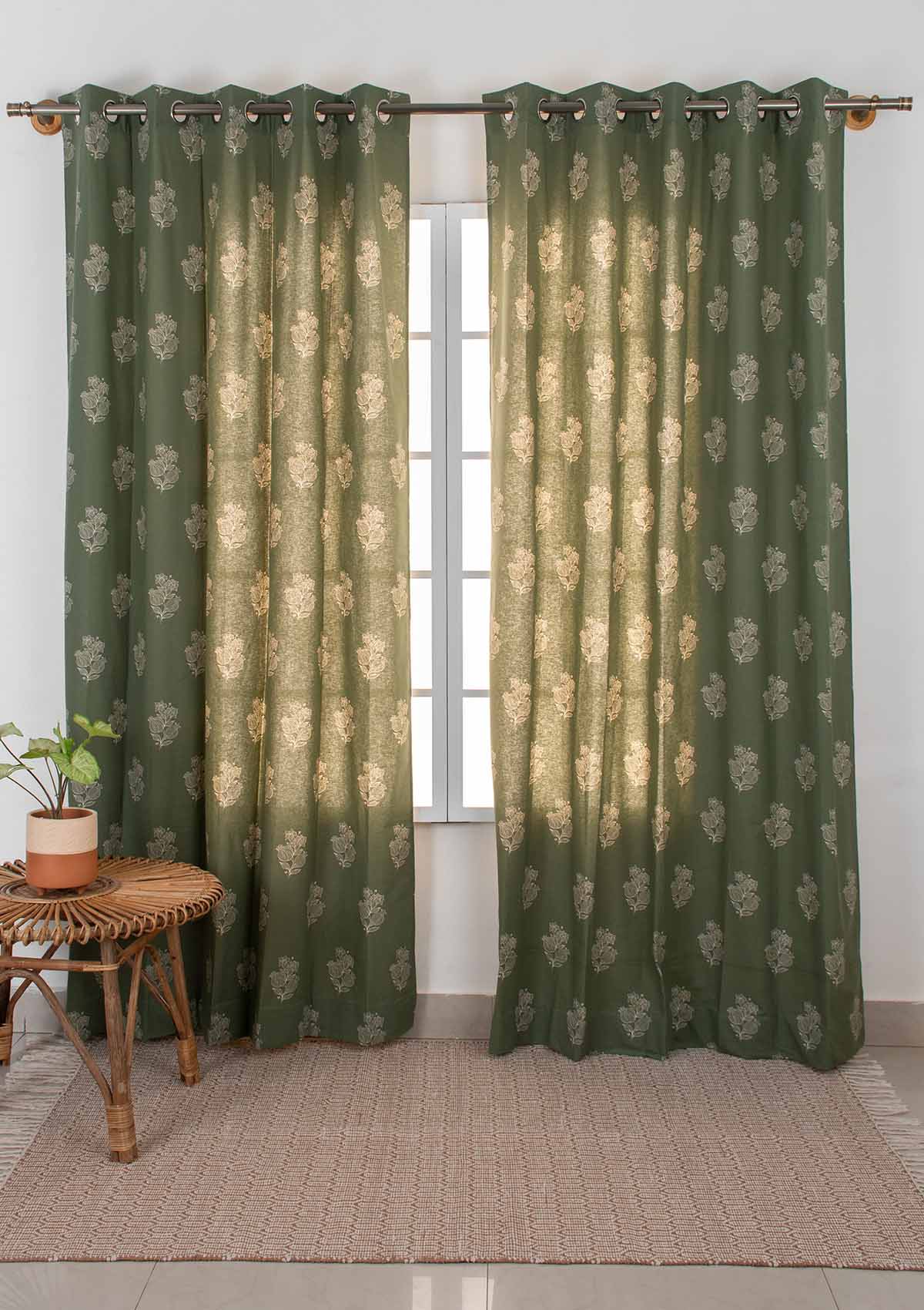 Malabar Printed Cotton Curtain -  Pepper Green-Single