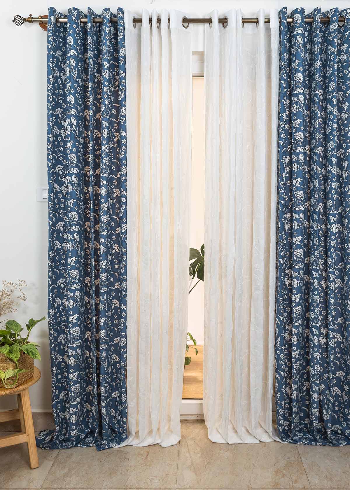 Marigold Royal Blue, Ivy Vines Embroidered Pure White Sheer Set Of 4 Combo Cotton Curtain - Royal Blue White