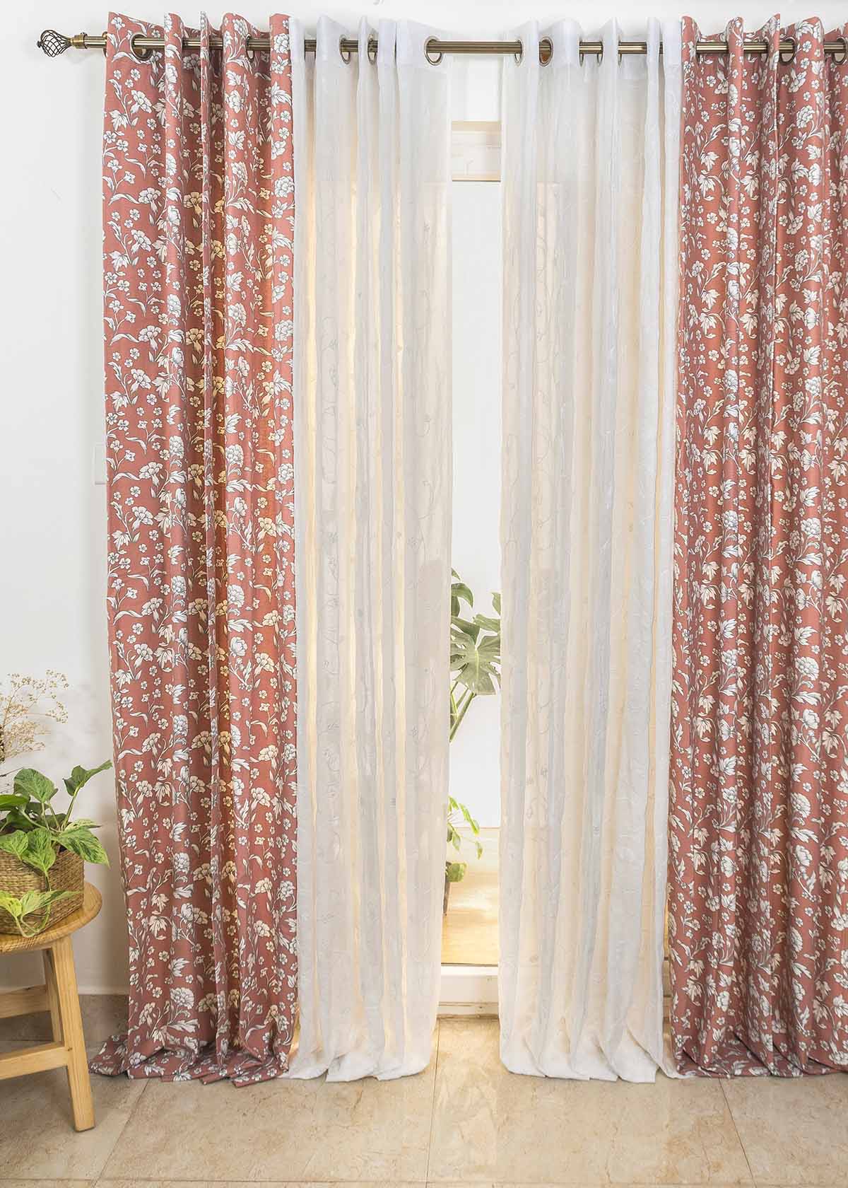 Marigold Rust, Ivy Vines Embroidered Pure White Sheer Set Of 4 Combo Cotton Curtain - Rust And White