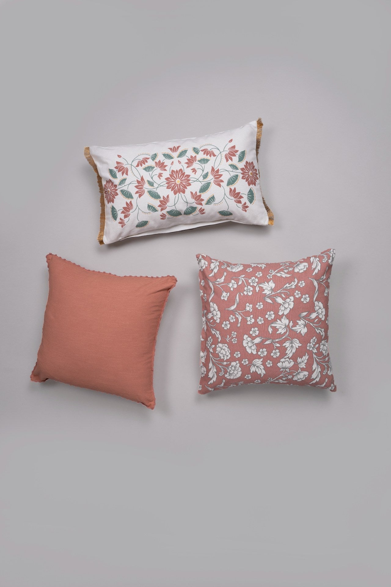 Marigold Rust 16" , Rust 16" , Lotus Blossom Lumbar 12 X 20" Set Of 3 Combo Cotton Cushion Cover - Rust