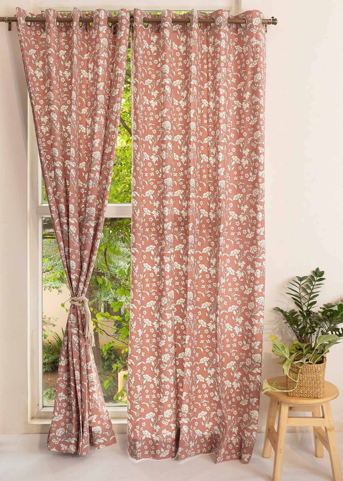 Marigold 100% Customizable Cotton floral curtain for living room - Room darkening - Rust