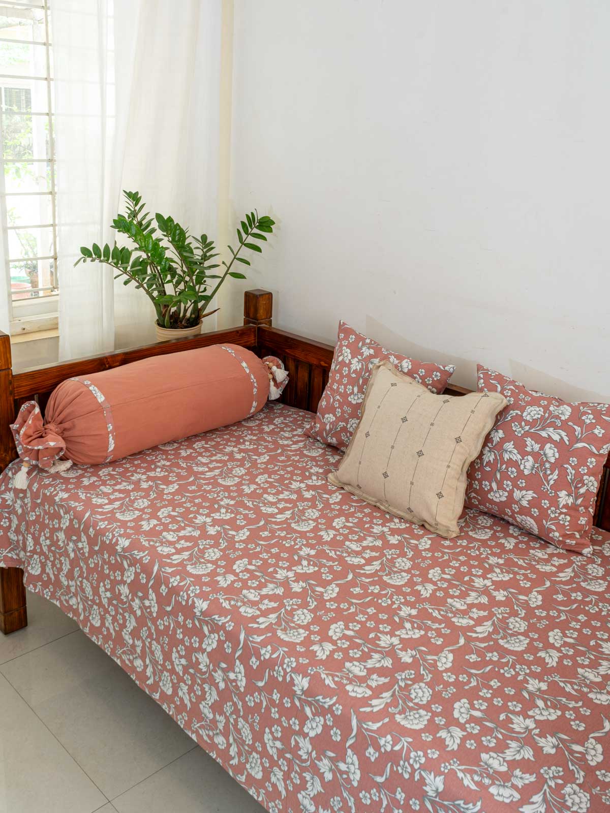 Marigold Printed Cotton Diwan Set - Rust