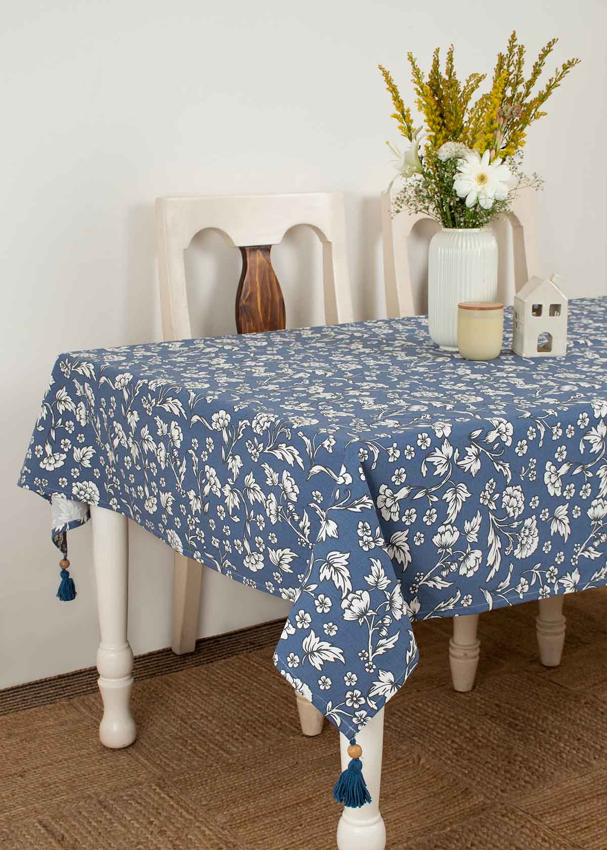 Marigold Printed 100% cotton floral table cloth for 4 seater or 6 seater dining - Royal Blue