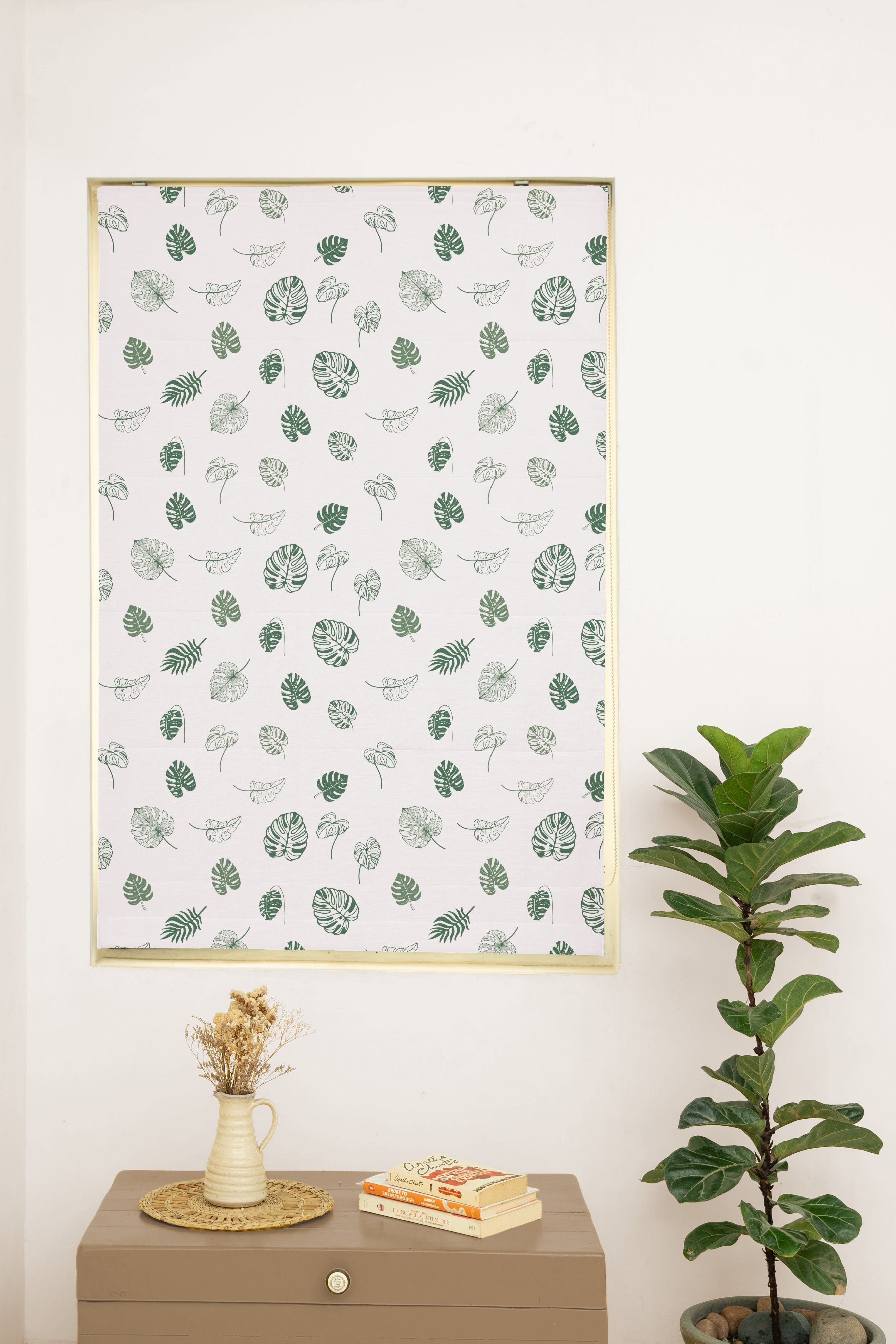 Monstera Printed 100% Customizable Cotton floral blind for living room - Room darkening - Green