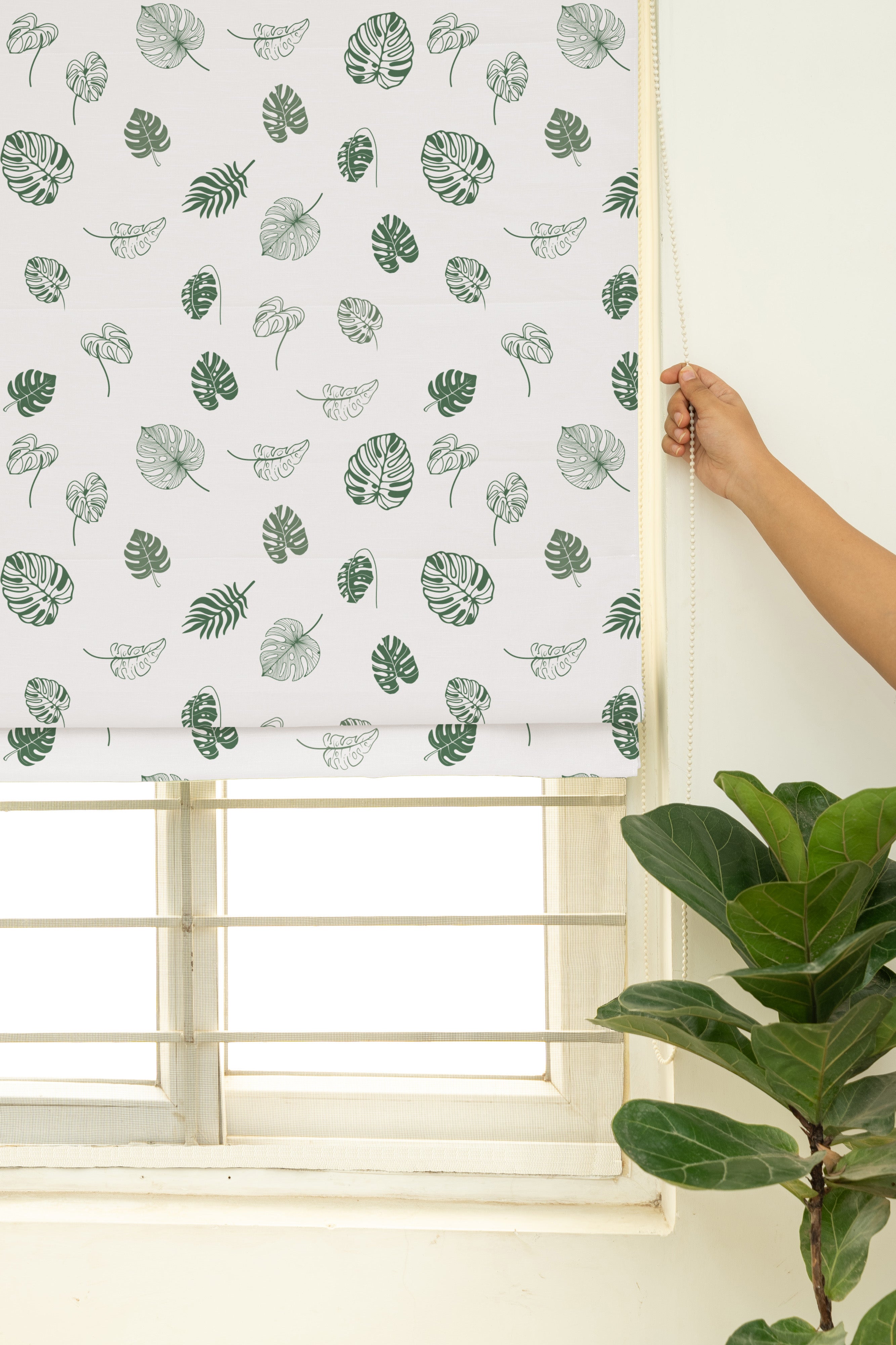 Monstera Printed 100% Customizable Cotton floral blind for living room - Room darkening - Green