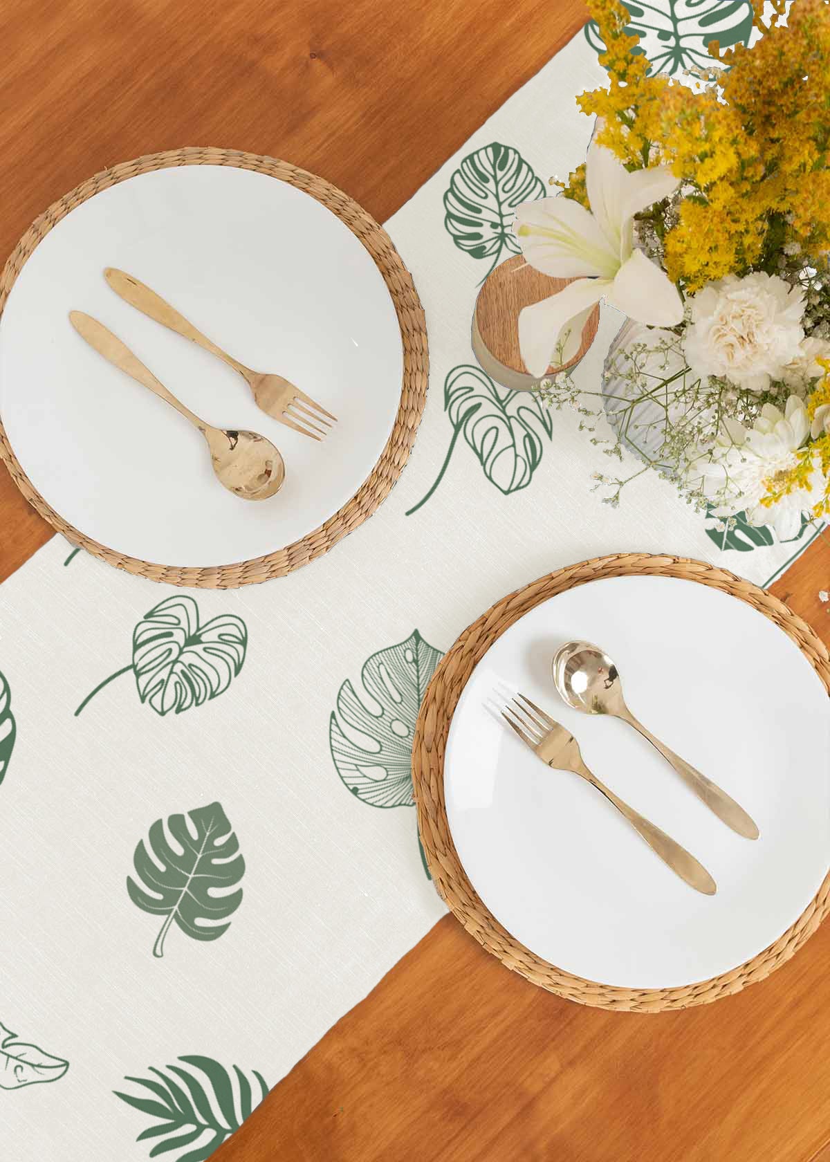 Monstera Green 100% cotton customisable floral table Runner for dining - Cream