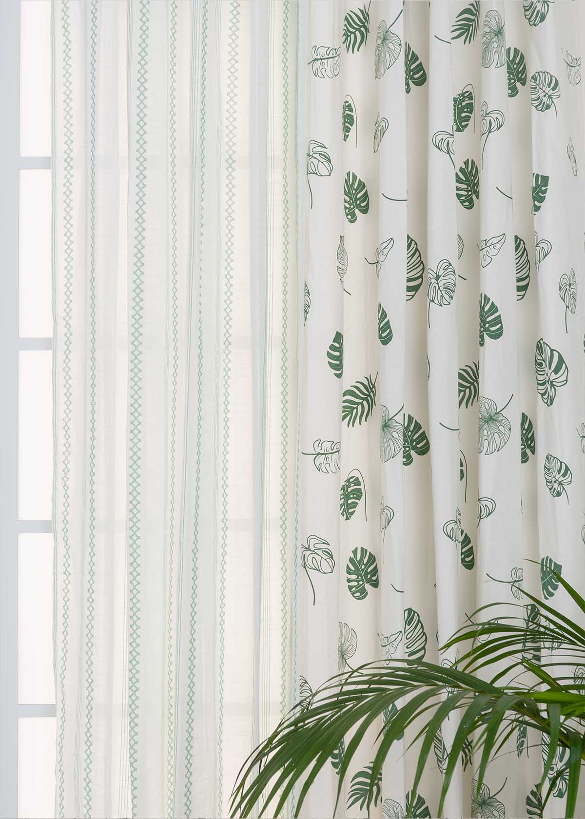 Monstera Green,Picket Fence Sage Green Sheer Set Of 4 Combo Cotton Curtain - Green