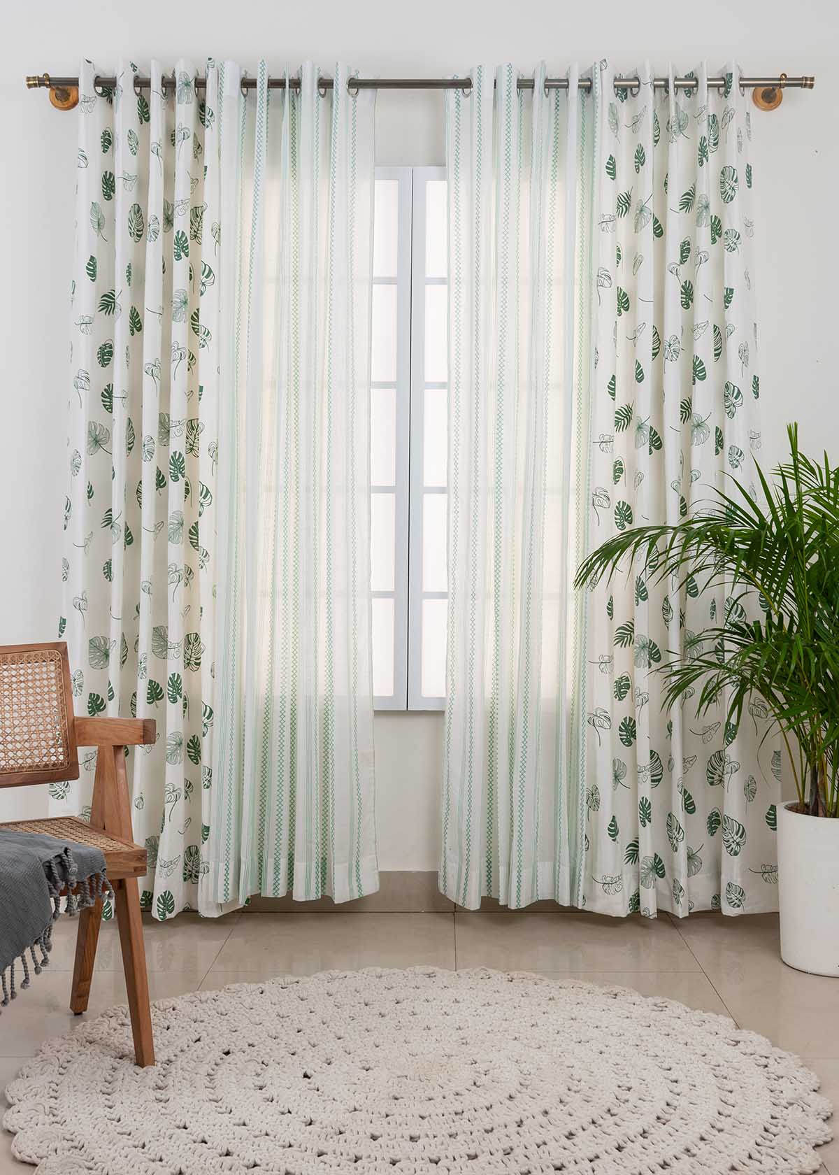 Monstera Green,Picket Fence Sage Green Sheer Set Of 4 Combo Cotton Curtain - Green