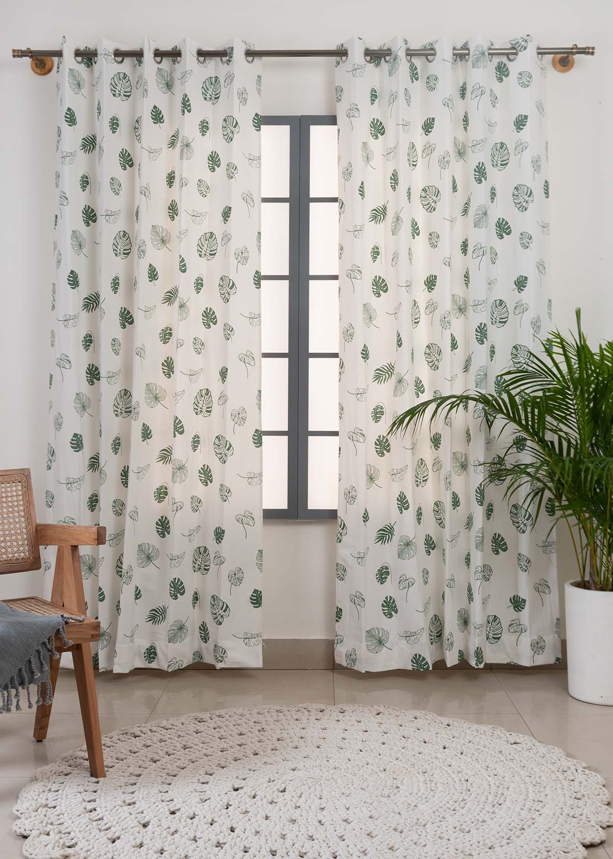 Monstera Printed Cotton Curtain - Green