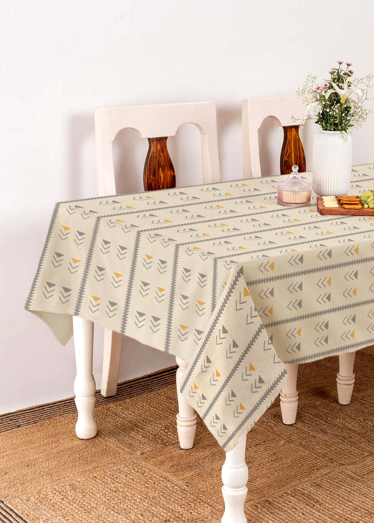 Mudline Printed 100% cotton geometric table cloth for 4 seater or 6 seater dining - Mustard