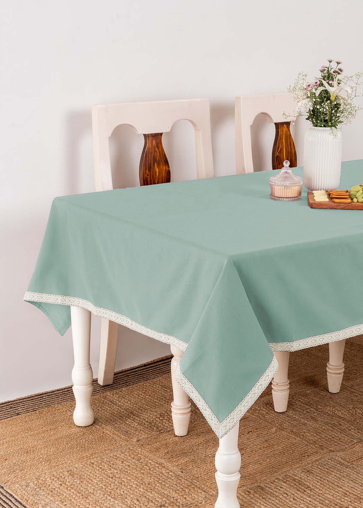Solid Nile Blue 100% cotton plain table cloth for 4 seater or 6 seater dining with lace border