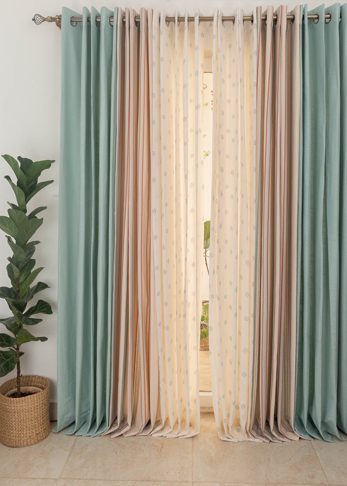 Nile Blue Solid, Roman Stripe,Sapling Nile Blue Sheer Set Of 6 Combo Cotton Curtain - Nile Blue