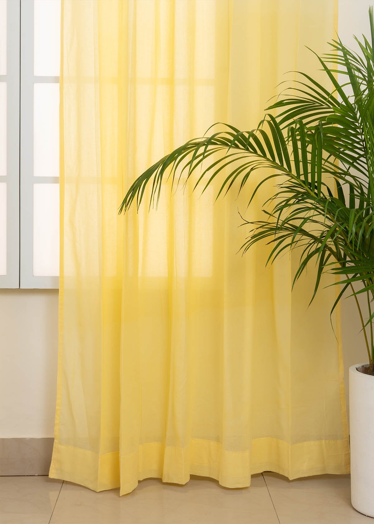 Solid Pale Yellow sheer 100% Customizable Cotton plain curtain for Living room & bedroom - Light filtering