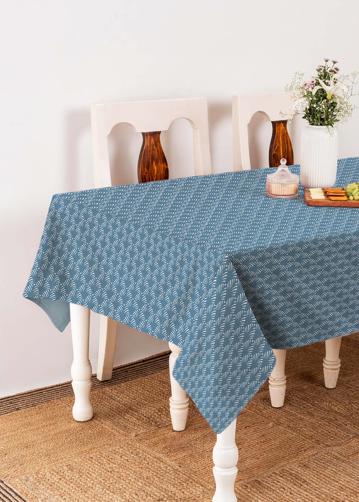 Pergola Printed 100% cotton geometric table cloth for 4 seater or 6 seater dining - Indigo