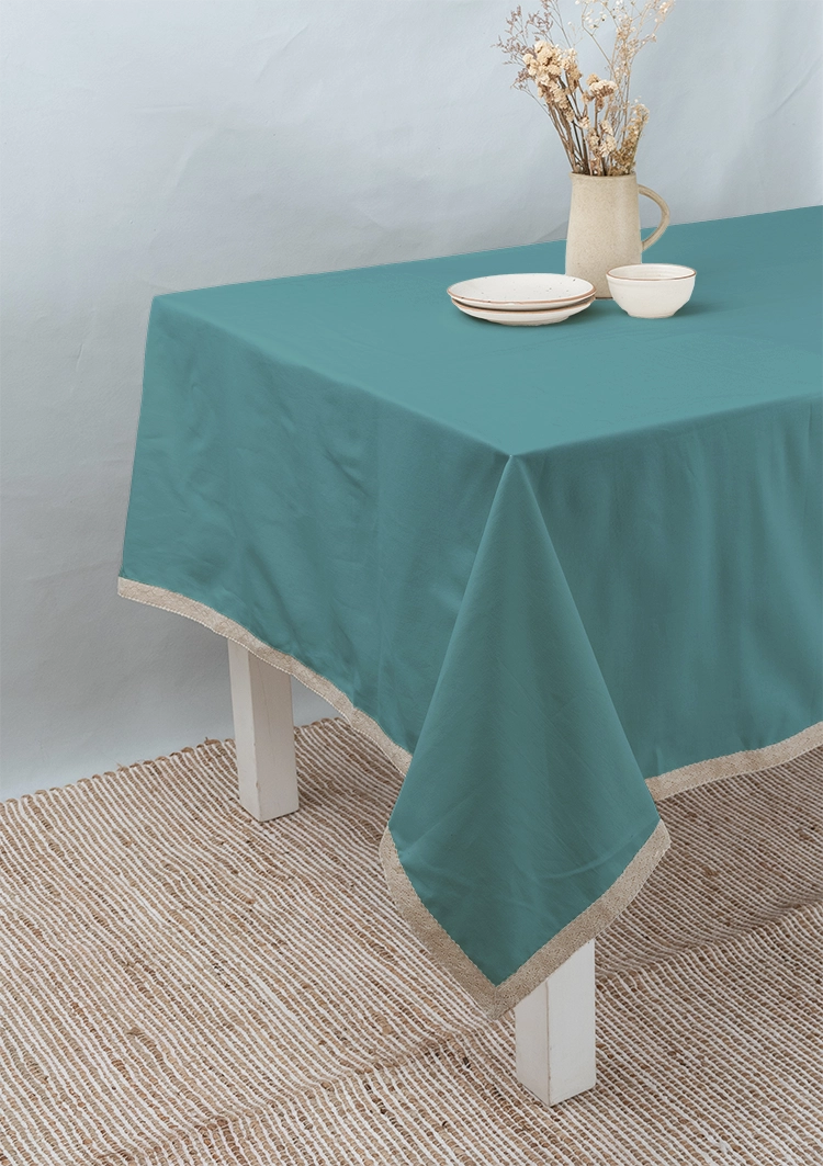 Solid aqua blue 100% cotton plain table cloth for 4 seater or 6 seater dining  with lace boarder