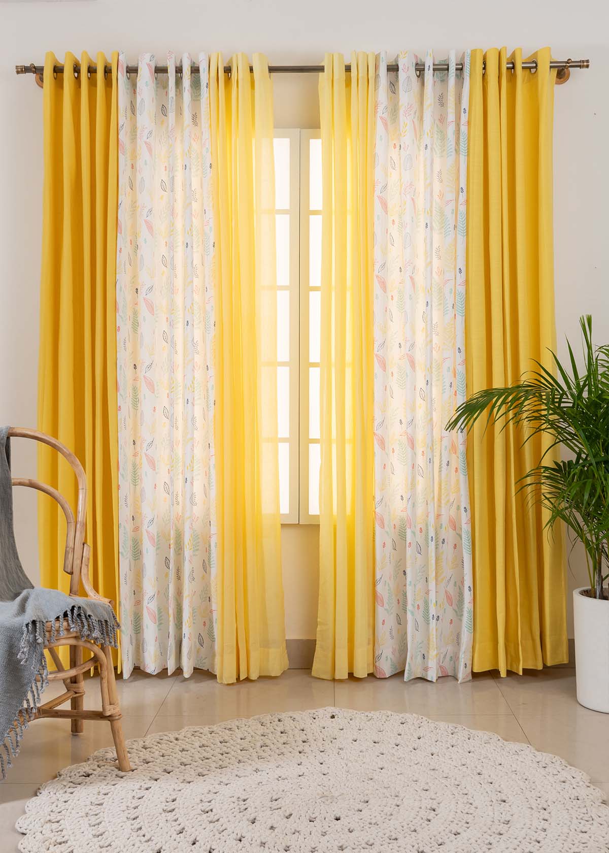 Primrose Yellow Solid, Rustling Leaves In Many Hues, Pale Banana Sheer Set Of 6 Combo Cotton Curtain - Multicolor