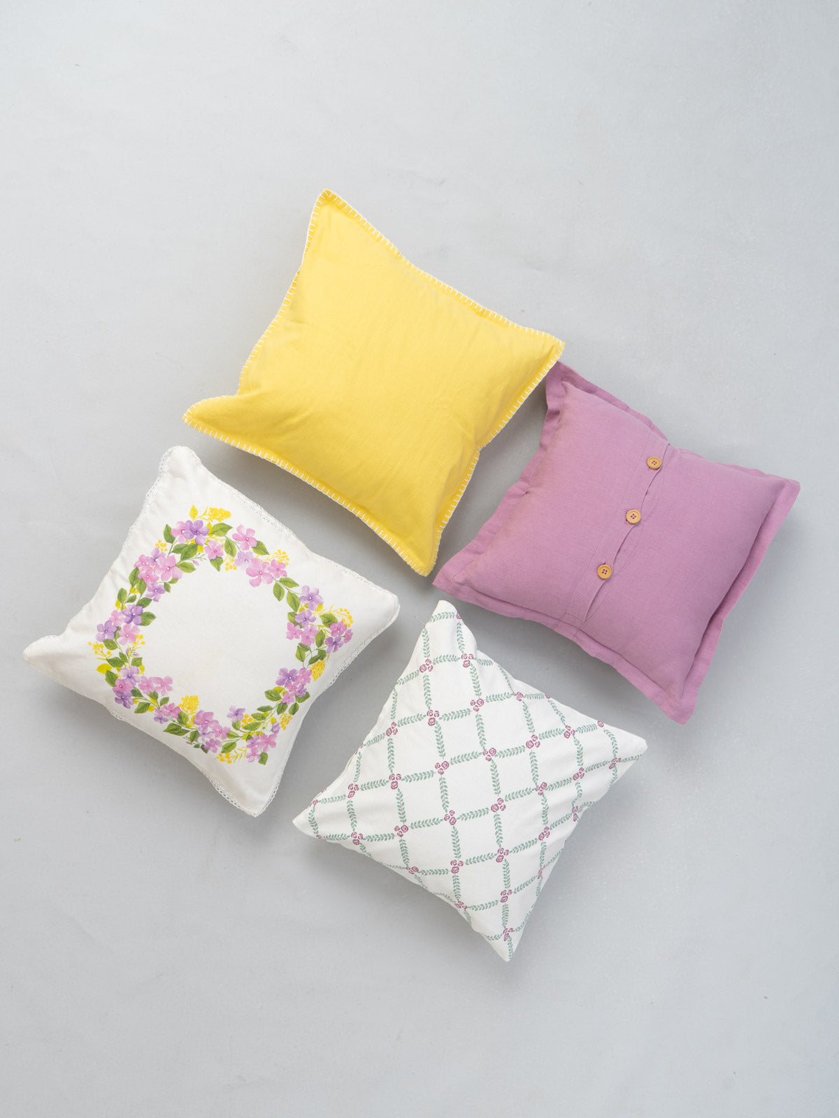 Very Peri Wreath, Dusty Lavender, Solid Primrose Yellow, Climbing Roses Lavender Set Of 4 Combo Cotton Cushion Cover - Yellow And Lavender