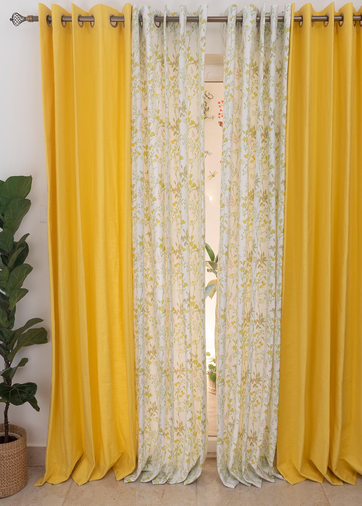 Primrose Yellow Solid, Tulip Garden Set Of 4 Combo Cotton Curtain - Yellow