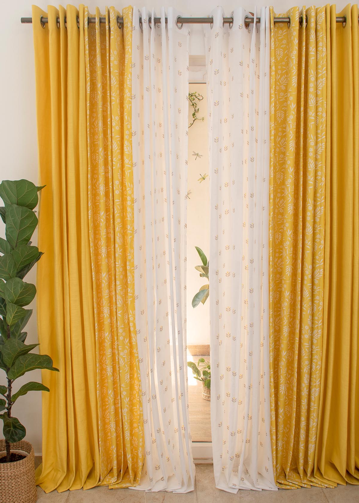 Primrose Yellow Solid,Yellow Daisy,Sapling Primrose Yellow Sheer Set Of 6 Combo Cotton Curtain - Yellow