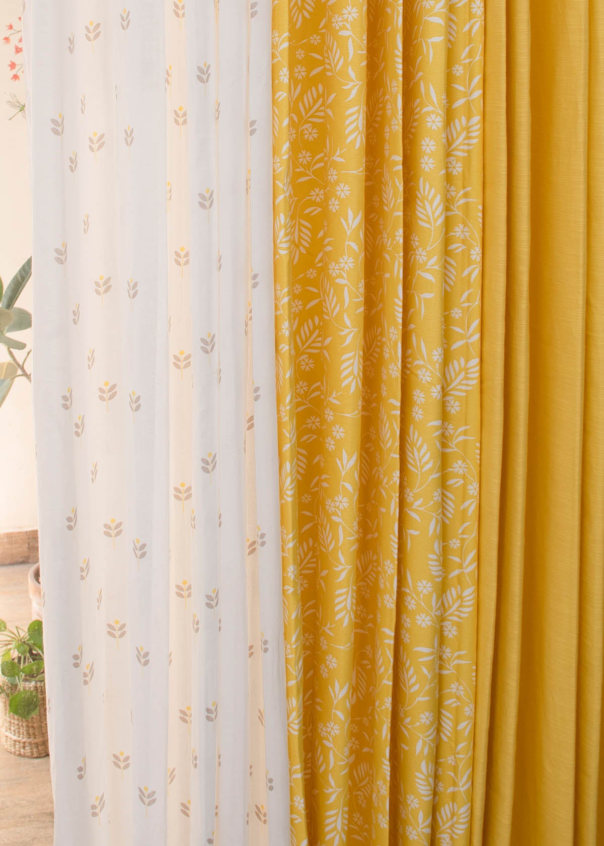 Primrose Yellow Solid,Yellow Daisy,Sapling Primrose Yellow Sheer Set Of 6 Combo Cotton Curtain - Yellow
