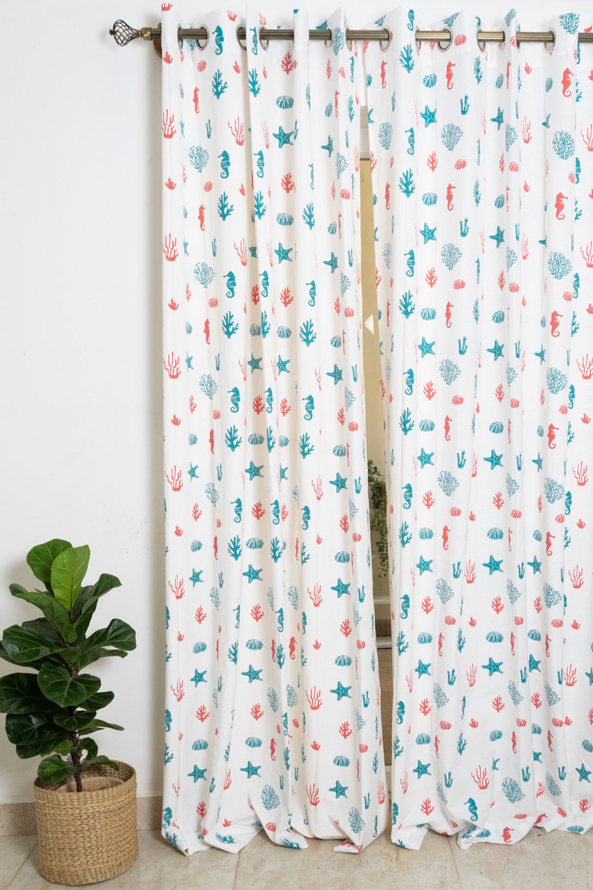 Coral reef in marine blue Cotton Curtain  - Single