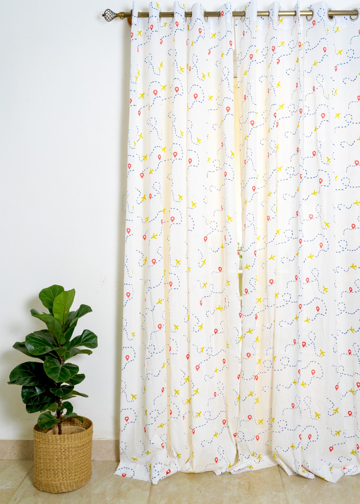 Airline miles Printed Cotton Sheer Curtain  - Multicolor - Single